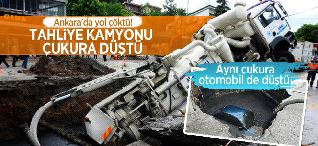 Ankara’da yol çöktü! 2 araç içine düştü!